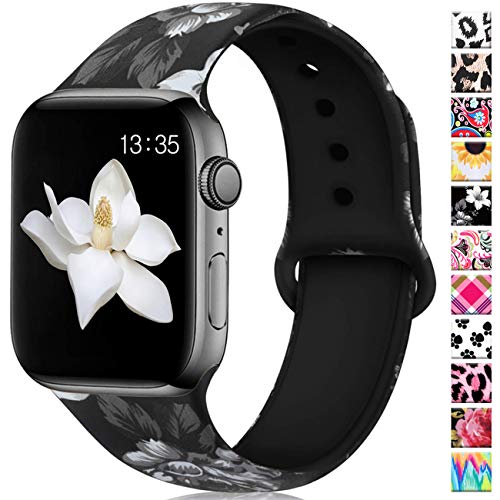 Book Cover Haveda Floral Bands Compatible with Apple Watch Series 5 40mm Series 4, Sunflower Printed iWatch Bands 38mm Womens for iwatch Series 3/2/1 Silicone Sport Wristbands Women Men Kids, S/M Gray Flower