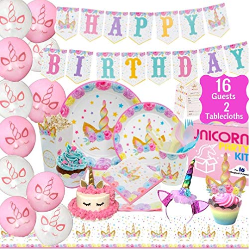 Unicorn Party Supplies Kit - Birthday Party Supplies|Headband|Cake Topper| Cupcake Wrappers|Popcorn Boxes Party Favors Bags| Napkins| Plates|Cups| 2 Table Cloths Decorations Theme for Girls| Serve 16!