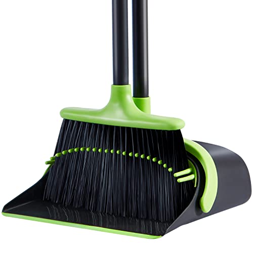 Broom and Dustpan Set Cleaning Supplies - Upright Broom and Dustpan Combo with Long Extendable Handle for Home Kitchen Room Office Lobby Floor Use Upright Stand up Dustpan Broom Set (Green)