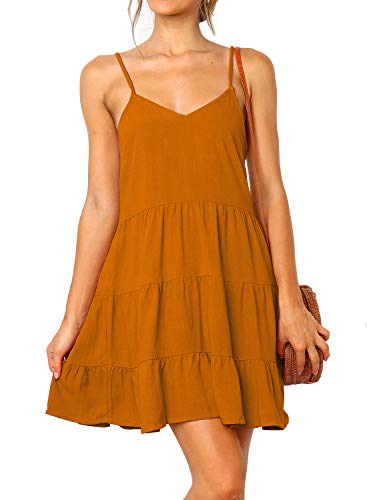MIHOLL Women's V Neck Ruffle Dress Sleeveless Spaghetti Straps Loose Mini Dresses