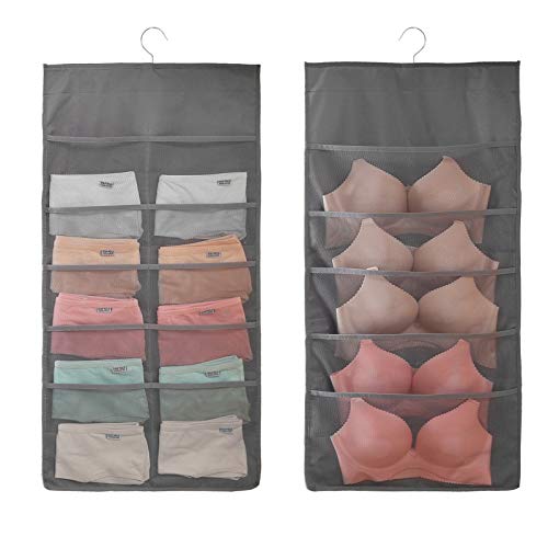 Closet Hanging Organizer with Mesh Pockets & Rotating Metal Hanger,Dual Sided Wall Shelf Wardrobe Storage Bags,Oxford Cloth Space Saver Bag for Bra Underwear Underpants Socks (Gray, Big 15 Pocket)