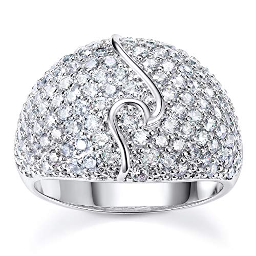 Pophylis Wave Design Statement Ring Diamond Accent Dome Wedding Band for Girls Size 6/7/8/9