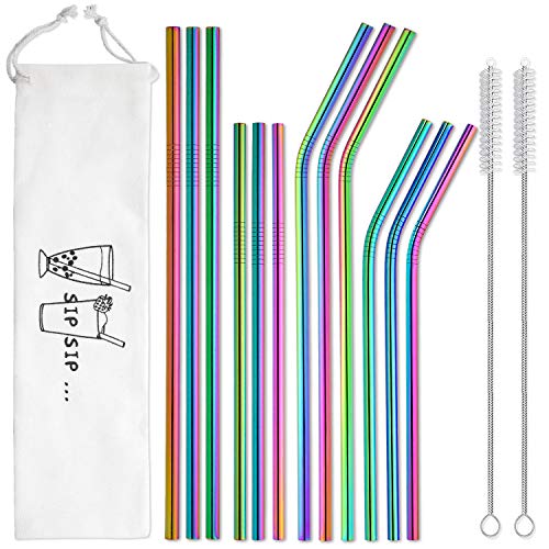 Hiware 12-Pack Rainbow Metal Straws Reusable with Case - Stainless Steel Drinking Straws for 30oz and 20oz Tumblers Dishwasher Safe, 2 Brushes Included