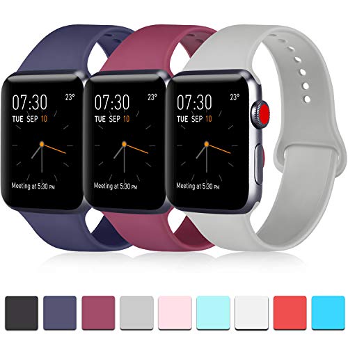 Pack 3 Compatible with Apple Watch Band 44mm Series 4, Soft Silicone Band Compatible iWatch Series 4, Series 3, Series 2, Series 1 (Navy Blue/Wine Red/Gray, 42mm/44mm-S/M)