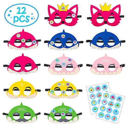 MALLMALL6 12Pcs Little Shark Masks Set Shark Party Favors Children Cosplay Soft Mask Half Masks Birthday Themed Party Masks with Cute Shark Stickers Felt Masks for Kids Boys Girls