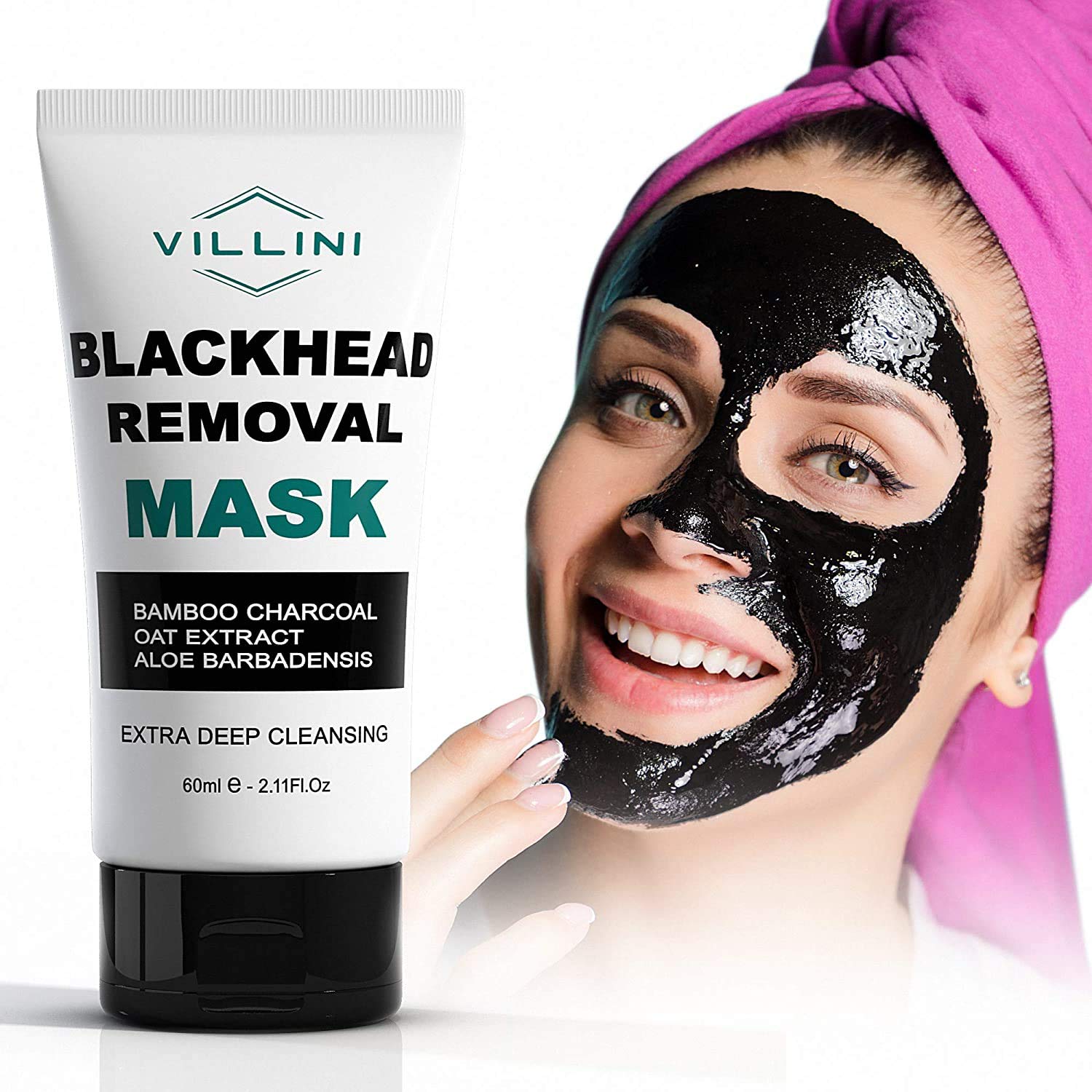 VILLINI Blackhead Remover Mask - Face Mask Deep Cleansing - Charcoal Peel Off Mask for Face, Nose - Black Mask for All Skin Types