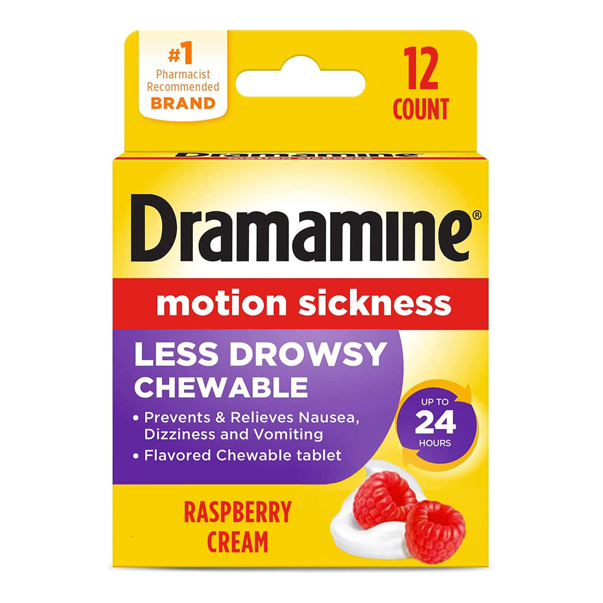 Dramamine All Day Less Drowsy Motion Sickness Relief, 12 Chewable Tablets, Raspberry Cream Flavor 12 Count