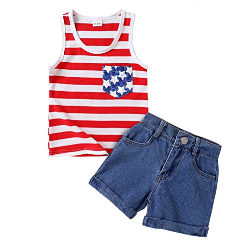 YOUNGER TREE 4th of July Outfit Toddler Girl Clothes USA Flag Heart Printed Tank Top Denim Shorts Independence Day Clothing