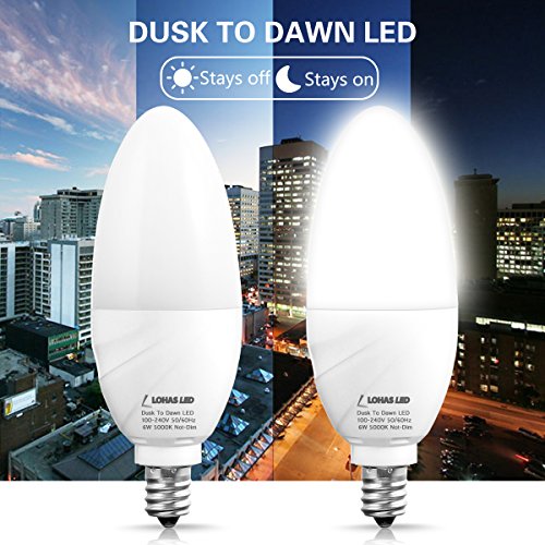 LOHAS E12 Base Dusk to Dawn LED Bulb, 60W Bulb Equivalent, LED 6W Bulb Daylight 5000K Outdoor Sensor Light 500Lumen, Auto on/Off Sensor Porch Light, E12 Candelabra Base for Front Door, 2Pack