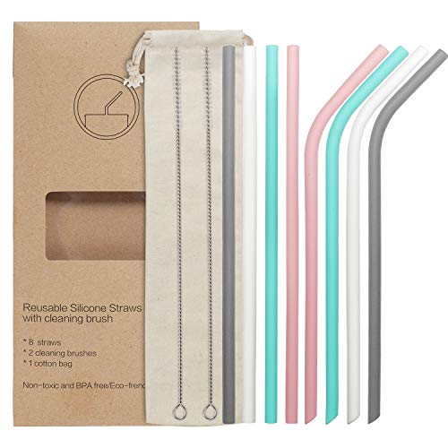YIHONG 8 Pcs Reusable Silicone Drinking Straws - Regular Size - 9.8 Inch Long -BPA Free - for 20oz and 30oz Tumblers- 4 Straight+4 Bent+2 Brushes+1 Pouch