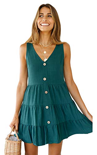 OEUVRE Women V Neck Sleeveless Button Front A Line Short Tank Dress Babydoll Ruffle Mini Dress