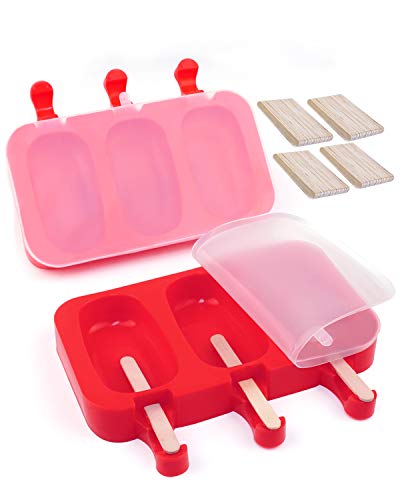 Silicone Popsicle Molds, Ice Pop Molds with Lids Packs of 2x3 Cavities for Kids, Cake/Ice Cream/Popsicle Maker Easy Release, with 80 Popsicle Sticks by MoHern (Red)