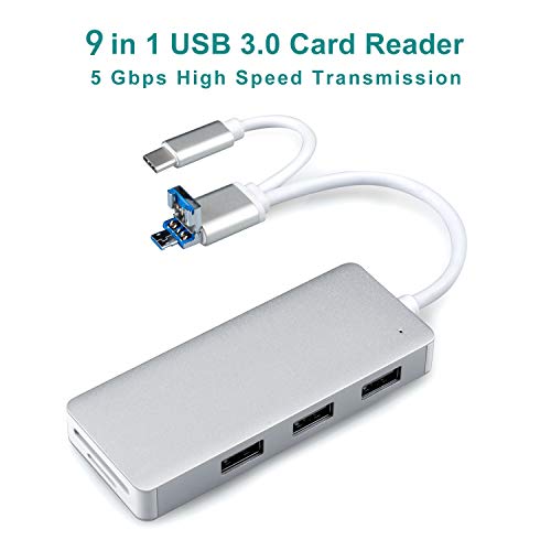 USB Hub,9-in-1 Type C Hub with 3 USB 3.0 Ports,SD/TF Card Reader,Adapter for Mac Pro, MacBook Air, Mac Mini/Pro, Surface Pro, Notebook PC, Laptop, USB Flash Drives, and Mobile HDD(Technology Silver)