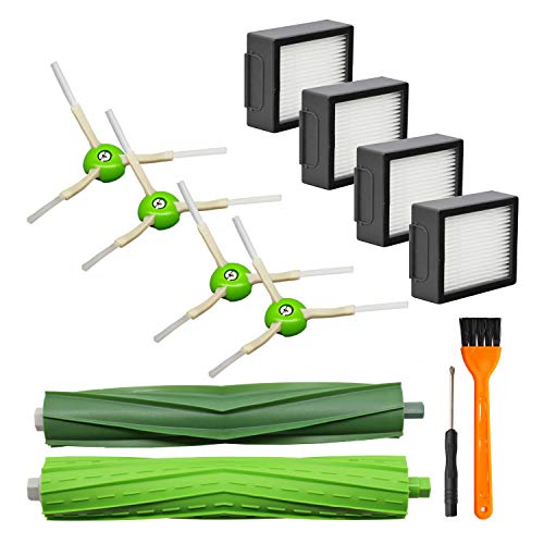 Lemige 9 Pack Replacement Parts for iRobot Roomba I&E Series i7 i7+ i3 i3+ i4 i6 i6+ i8 i8+/Plus E5 E6 E7 Vacuum Cleaner, 1 Set of Multi-Surface Rubber Brushes & 4 HEPA Filters & 4 Side Brushes