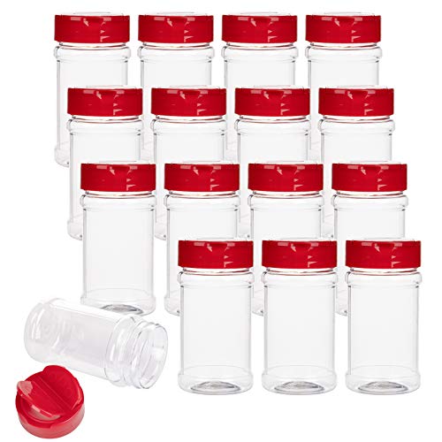 Bekith 16 Pack Spice Jars for Storing Spice, Herbs and Powders - 6 Oz BPA Free Plastic Spice Containers with Red Flip Top Cap to Pour or Shaker/Sifter