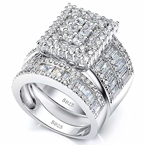 Pophylis Princess-Cut Luxurious Rectangular Frame Engagement Baguette Halo Semi Mount 3Pcs Bridal Set Size 6/7/8/9
