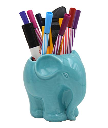 MONMOB 3.9" Ceramic Elephant Pencil Holder/Pen Holder/Plant Pot/Bonsai Pot/Flower Pot/Succulent Planter (Blue)