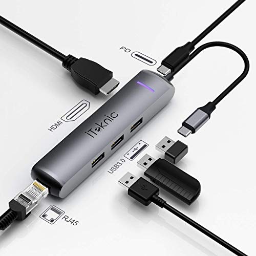 iTeknic USB C Hub, 6-in-1 USB C Adapter with 1Gbps RJ45 Ethernet Portï¼Œ4K HDMI Port, USB-C PD Charging Port , 3 USB-A 3.0 Port , for MacBook Pro, ChromeBook, and Window laptops with Type-C Port.