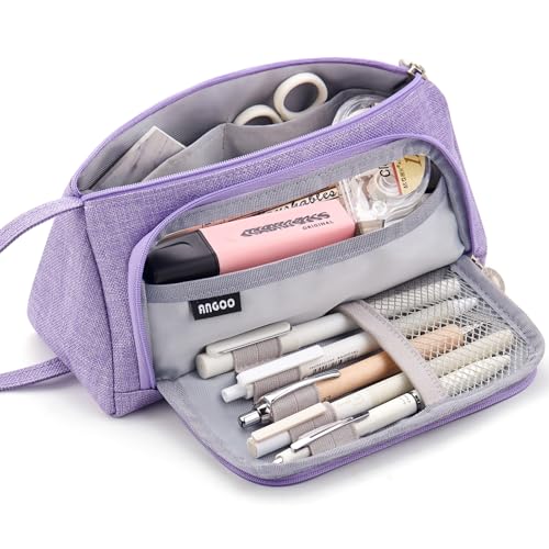 EASTHILL Big Capacity Pencil Case Canvas High Large Storage Pouch Marker Pen Case Simple Stationery Bag School College Office Organizer for Teens Girls Adults Student - Purple