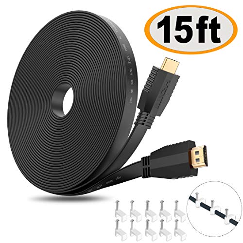 HDMI Cable Flat 15 ft, High Speed(4K 60Hz) Hdmi 2.0 Cord, 2160p HD 1080p 3D/4K Video/Ethernet/Audio Return Channel for Fire TV, Apple TV, Blue ray Players, PS4, PS3, Xbox One, Xbox 360 - Black