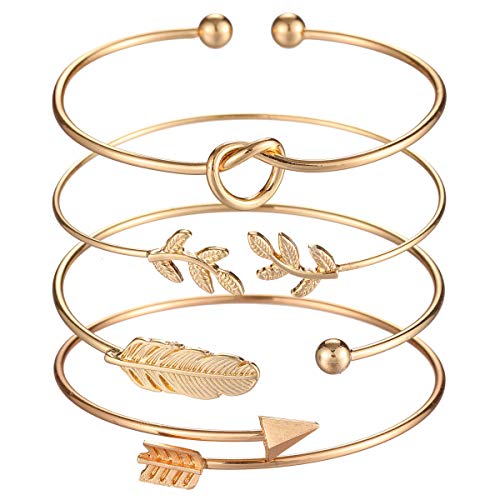 Starain 4Pcs Rose Gold Bracelets for Women Girl Simple Leaf Arrow Feather Knot Heart Bangle Bracelet Adjustable Cuff Bracelet Set