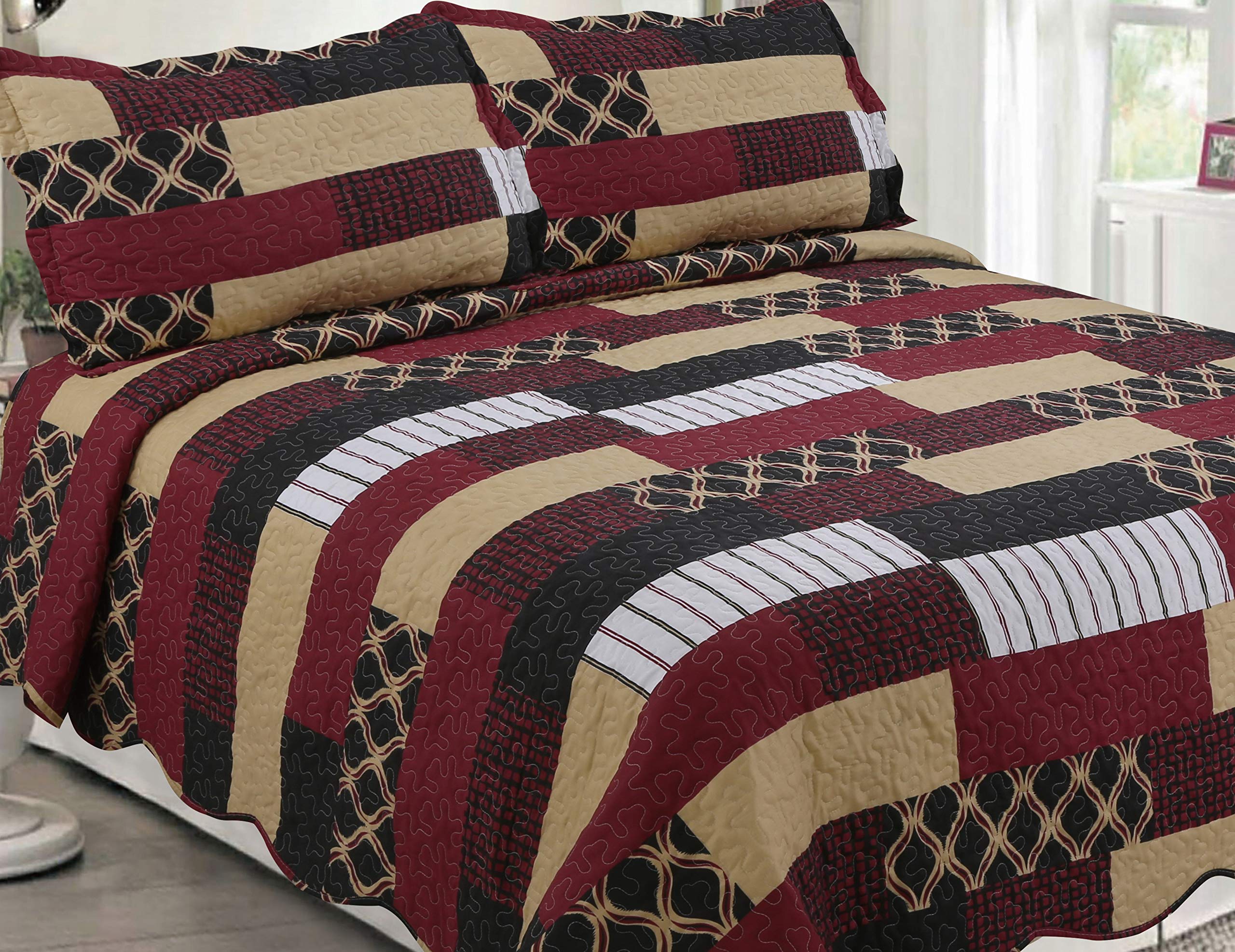 Book Cover Sapphire Home 3 Piece King Size Bedspread Coverlet Quilt Bedding Set w/2 Pillow Shams, South Western Design Black Brown Burgundy, King XJ1100 Western-black-brown King