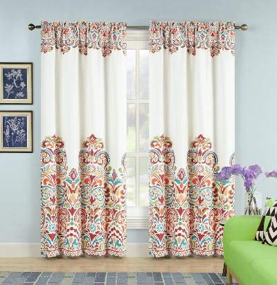 Book Cover Sarah Curtains Paisley Damask Print Bohemian Style Room Darkening Window Panel Set for Living, Dining, Bedroom (Turquoise & Tangerine, 84â€ x 52â€,)