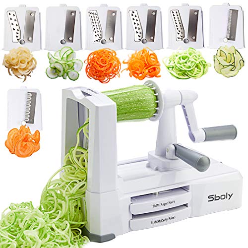 Book Cover 7 Blades in 1 Vegetable Spiralizer, Zucchini Spaghetti Maker Zoodle Maker Veggie Pasta Maker, Strongest and Heaviest Duty Mandoline Slicer with Container, Lid, Brush