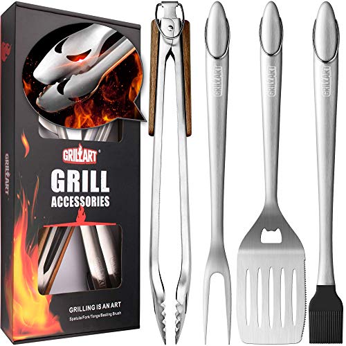 Book Cover GRILLART Heavy Duty BBQ Grilling Tools Set. Extra Thick Stainless Steel Spatula, Fork, Basting Brush & Tongs. Gift Box Package. Best for Barbecue & Grill.