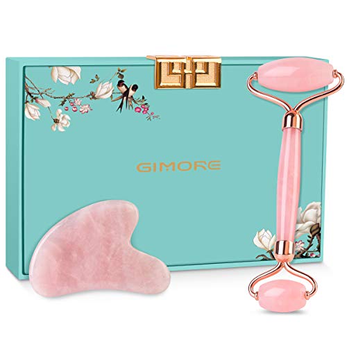 Gimore Jade Roller For Face 100% Natural Rose Quartz Anti Aging Facial Rolling Skin Gym SPA Gua Sha Massage Tools Face Eye Neck Beauty Roller For Rejuvenate Skin & Remove Wrinkles (Rose Quartz 2 in 1)