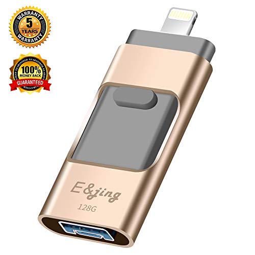 Book Cover USB Flash Drive for iPhone_ E&jing iPhone Flash Drive 128GB iPhone External Storage USB 3.0 photostick Mobile for iPhone,Android,PC Photo iPhone Picture Stick(Gold)