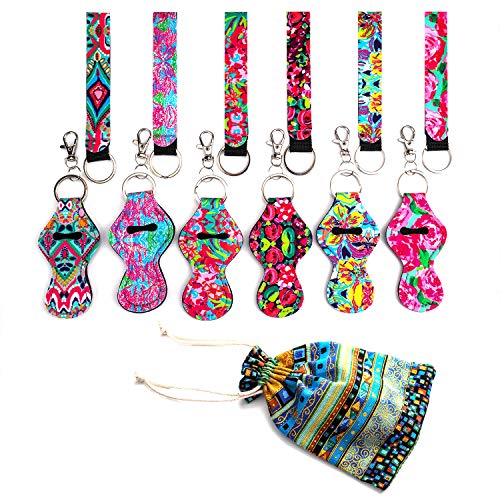 Keychain Chapstick Holder Cute Keychain Match with 6 Pack Neoprene Wristlet Keychain Lanyard,6 Pack Lip Balm Tube Holder with Metal Clip Cords,Stylish Cute Virbrant Design Gift Package(6 Pack)