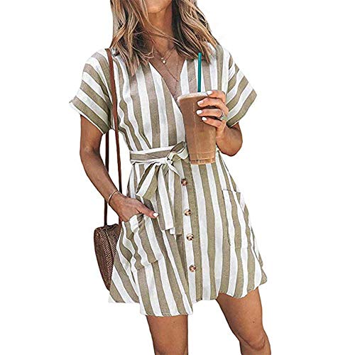 OEUVRE Women V Neck Short Sleeve Wrap Tie Waist Button Front Shirt Dress Striped Dress with Pocket