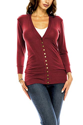 Book Cover Women's V Neck Cardigan Snap Button 3/4 Sleeve Sweater with Ribbed Detail Collection Plus Size