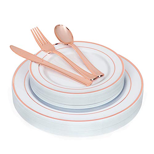 N9R 125PCS White Plastic Plates with Gold Rim & Disposable Gold Plastic Silverware Set, Include 25 Dinner Plates, Dessert Plates, Gold Forks, Knives and Spoons, Sturdy Enough for Weddings and Parties