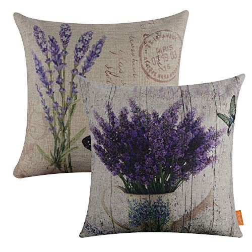 Book Cover LINKWELL Pack of 2, Square Throw Pillow Covers Set Decorative Cushion Case for Sofa Bedroom Car Couch 18 x 18 Inch - French Country Purple Lavender Flower CC1038-1142
