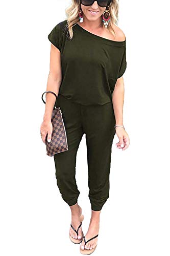 Timemory Women Summer Casual Short Sleeve Loose Jumpsuit Rompers Army Green XL