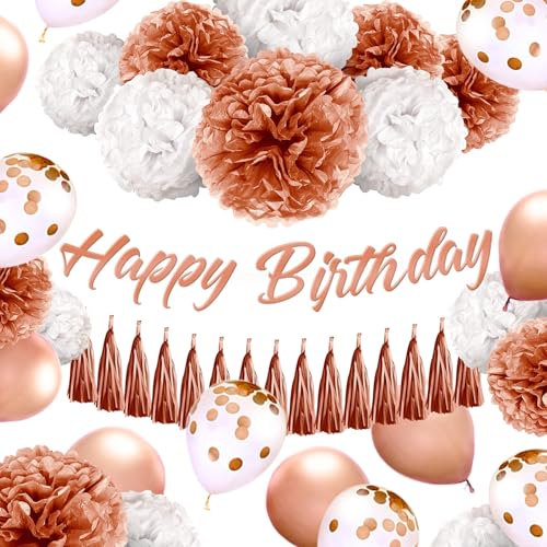EpiqueOne Rose Gold Birthday Decoration Set: Happy Birthday Banner, Tassel Garland, Latex Balloons, Confetti Balloons, Tissue Paper Pom