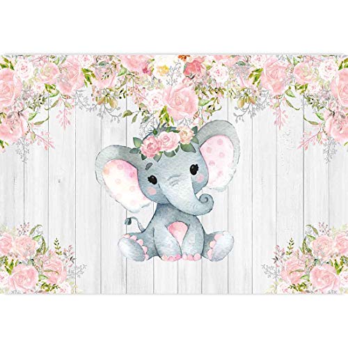 Allenjoy 7x5ft Rustic Floral Elephant Backdrop for Baby Shower Party Pink Flower Wood It's a Girl Banner Birthday Photography Background Cake Table Decoration Photo Booth Studio Props Favors Supplies