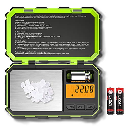 (Newest) Digital Pocket Scale, 200g Mini Scale, Highly Accurate Multifunction with Premium Stainless Steel Finish, LCD Backlit Display, 6 Units, Auto Off, Tare (Green,Battery Included)
