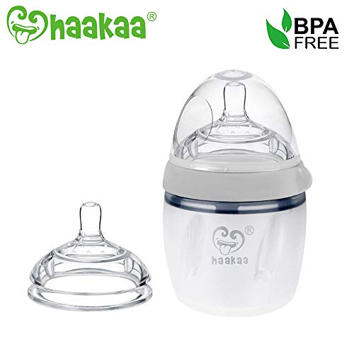 Haakaa Silicone Baby Bottle 5 oz with M Nipple Set for Infant Newborn, Grey (5oz + M)