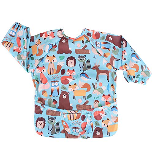 Luxja Baby Waterproof Sleeved Bib, Long Sleeve Bib for Toddler (6-24 Months), Forest Party