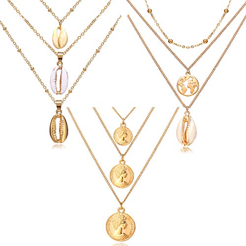 3pcs Natural Shell Pendant Necklace for Women Summer Boho World Map Coin Layered Necklace Jewelry Girls Ladies Gift