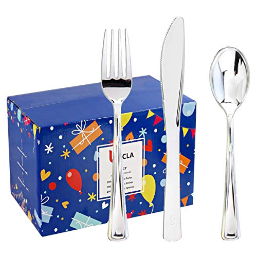 BUCLA 600 Pieces Silver Plastic Silverware - Plastic Silver Cutlery - Heavyweight Disposable Flatware set- 200 Forks, 200 Spoons, 200 Knives