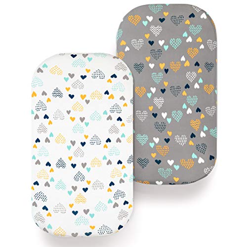 Book Cover COSMOPLUS Bassinet Sheet Set -2 Pack Stretch Fitted Craddle Fitted Sheets for Bassinet Pads/Mattress, for Boys Girls,Unisex,Ultra Soft,Heart Pattern