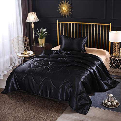 Book Cover A Nice Night Satin Silky Soft Quilt Sexy Luxury Super Soft Microfiber Bedding Comforter Set, Light Weighted (Black, Twin(68-by-88-inches))