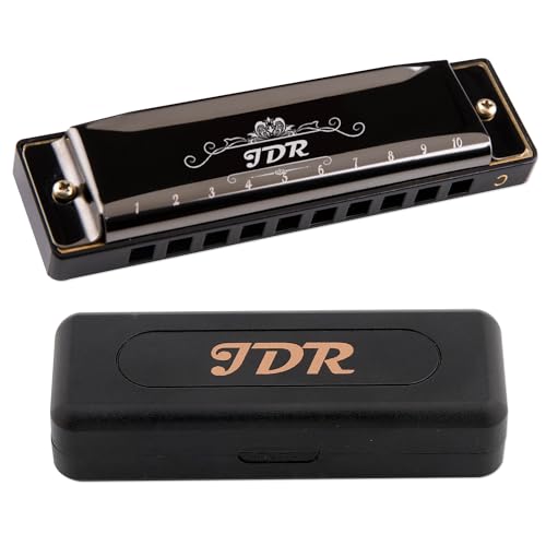 Harmonica JDR Blues Key of C, 10 Hole 20 Tones with 0.8mm Plate Structure for Kids Beginners with Gift Case, Clean Cloth and Manual