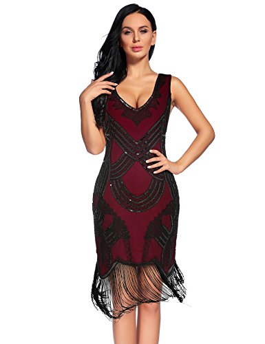 Women's 1920s Gatsby Dress V Neck Sequin Bead Fringed Cocktail Hem Flapper Dress