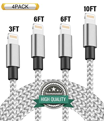 iPhone Charger,Zcen MFi Certified Lightning Cable 4 Pack 3FT 6FT 6FT 10FT Extra Long Nylon Braided USB Charging & Syncing Cord Compatible iPhone Xs/Max/XR/X/8/8Plus/7/7Plus/6S/6S Plus/SE Grey White