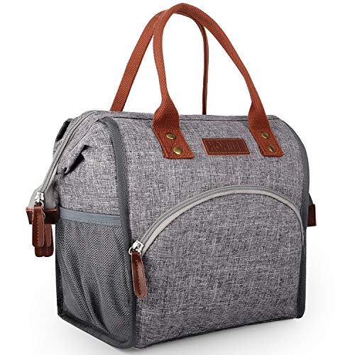 KOMUEE Lunch Bag, Insulated Lunch Box Wide-Open Lunch Tote Bag Large Drinks Holder Durable Nylon Thermal Snacks Organizer for Women Men Adults College Work Picnic Hiking Beach Fishing (grey)